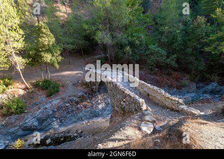 Die mittelalterliche venezianische Brücke Elia, die den Diarizos-Fluss im Pafos-Wald, Limassol-Bezirk, Zypern, überspannt. Stockfoto