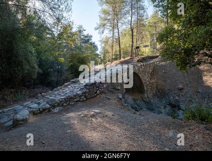 Die mittelalterliche venezianische Brücke Elia, die den Diarizos-Fluss im Pafos-Wald, Limassol-Bezirk, Zypern, überspannt. Stockfoto