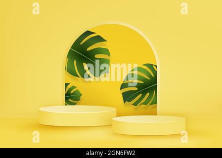 Podium-Mockup mit 2 Stufen auf sommerlichem gelbem Hintergrund mit grünen Monsterablättern für Produktanzeige, Vektordarstellung Stock Vektor