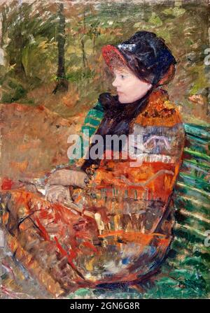 Mary Cassatt Kunstwerk - Herbst - Porträt von Lydia Cassatt - Eine Frau sitzt auf einer Parkbank in saisonalen Herbstfarben gekleidet. Kleid in Zeitraumes. Stockfoto