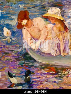 Mary Cassatt Kunstwerk - Sommerzeit - Frau und junges Mädchen flott in einem Boot Austausch Blicke mit ein paar Enten. Lebendige Farben. Stockfoto