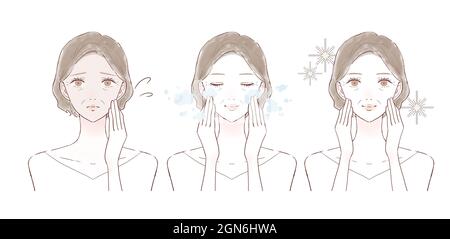 Vor und nach der Behandlung von Frauen mittleren Alters, die an matter Haut leiden. Auf weißem Hintergrund. Stockfoto