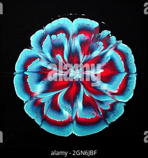 Flüssige Kunst Illustration einer Blume. Abstrakte Kunst und Illustration einer Blume. Flüssige Kunst einer Blume. Flüssige Chaos-Kunst für Hintergrund und Textur. Stockfoto