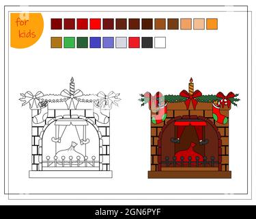 Ein Malbuch für Kinder, ein Kamin für Weihnachten geschmückt, und Santa ist in den Kamin des Kamins stecken. vector isoliert auf einem weißen Rücken Stock Vektor