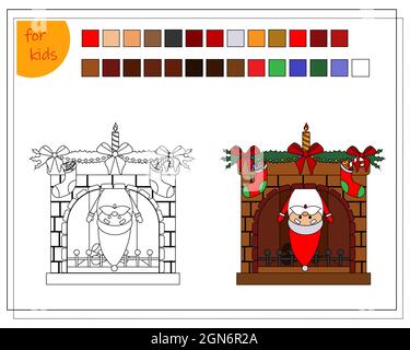 Ein Malbuch für Kinder, ein Kamin für Weihnachten und Weihnachtsmann hängen kopfüber in den Kamin. vector isoliert auf einem weißen Backgroun Stock Vektor