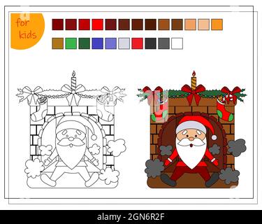 Ein Malbuch für Kinder, ein Kamin zu Weihnachten geschmückt, und Santa fiel aus dem Kamin. vector isoliert auf einem weißen Hintergrund. Stock Vektor