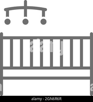 Kinderbett mit Rasseln grau Symbol. Isoliert auf weißem Hintergrund Stock Vektor