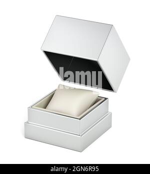 Leere Box für Uhren oder Schmuck, isoliert auf weißem Hintergrund Stockfoto