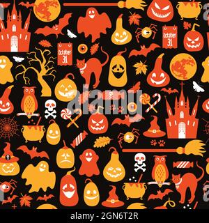 Halloween Nahtloses Musterdesign mit Geist, Totenkopf, Kürbis und schwarzer Katze auf schwarzem Hintergrund. Stock Vektor