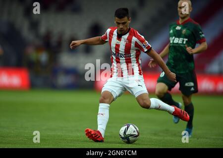 KRAKAU, POLEN - 01. AUGUST 2021: Spiel der polnischen Fußballliga Krakau - Slask Wroclaw, Florian Loshaj (Krakau) Stockfoto