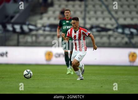 KRAKAU, POLEN - 01. AUGUST 2021: Spiel der polnischen Fußballliga Krakau - Slask Wroclaw, Patryk Zaucha (Krakau) Stockfoto