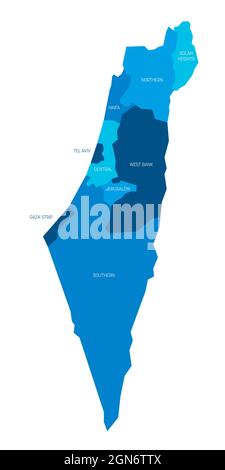 Blaue politische Landkarte von Israel. Verwaltungseinheiten - Bezirke und drei Sondergebiete - Gazastreifen, Westjordanland und Golanhöhen. Einfache flache Vektorkarte mit Beschriftungen. Stock Vektor