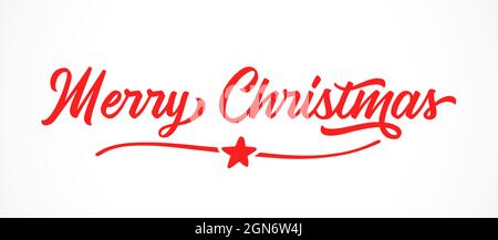 Frohe Weihnachten roten Stern und Linie Kalligraphie Inschrift. Elegantes Kalligrafie-Banner mit stilvollem Schriftzug, Vektorgrafik für den Urlaub Neujahr Stock Vektor