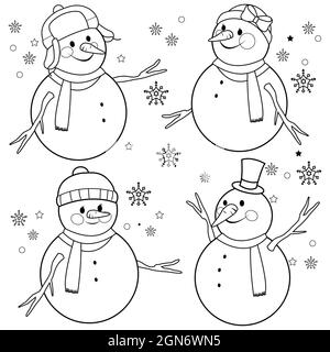 Schneemänner mit Wintermützen und -Tücher. Schwarz-Weiß-Malseite Stockfoto