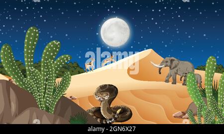 Tiere leben in Wüstenwaldlandschaft bei Nacht Szene Illustration Stock Vektor