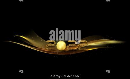 2022 goldene Wellen Vektor Hintergrund. Strudel goldener Wellen mit goldenem Funkeln auf schwarzem Hintergrund. Stock Vektor