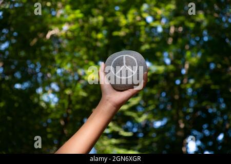 Friedenssymbol in den Händen eines von der Natur umgebenen Kindes Stockfoto