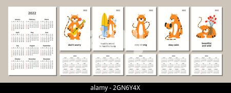 Vertikale Taschenkalender 2022. Frohes Neues Jahr 2022. Frohe Weihnachten. Tiger-Jahr. Chinesisches Horoskop. Isolierte Vektorgrafiken. Motivierend Stock Vektor