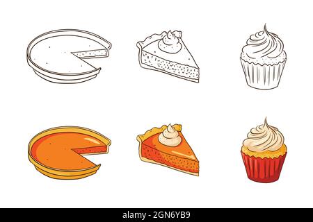 Thanksgiving-Kürbisgerichte. Traditionelle Herbstkollektion Für Weihnachtsessen. Süße Kürbiskuchen und Cupcake Illustration für Aufkleber, Einladung, Menü und Grußkarten Dekoration. Premium Vector Stock Vektor