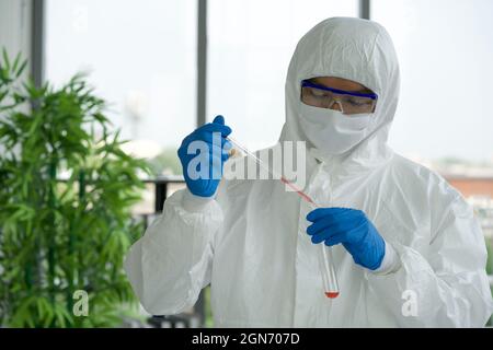 Epidemiologische Forscher in Virusschutzkleidung füllen mit einem Tropf die rote flüssige Chemikalie in das Reagenzglas. Coronavirus-Krankheit 2019 Tests pro Stockfoto