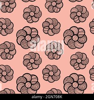 Nahtloses Muster mit handgezeichneten Blumen mit Ornamenten. Braune Objekte auf rosa Hintergrund. Vektorgrafik. Stock Vektor