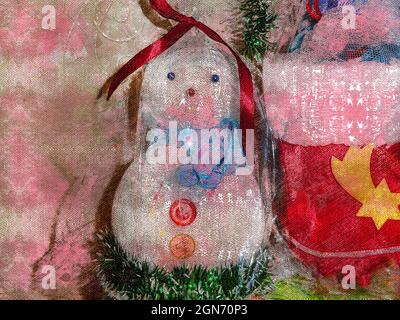 Weihnachtsgeschenke Aus Kraftpapier. Ein Schneemann und ein roter Fäustling mit einem gelben Stern. Neujahrs- und Weihnachtsferien. Stockfoto