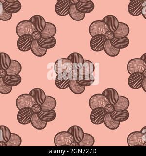 Nahtloses Muster mit einfachen und niedlichen, handgezeichneten Blumen. Braune Objekte auf rosa Hintergrund. Vektorgrafik. Stock Vektor