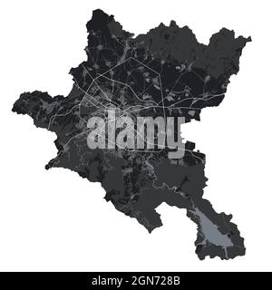 Sofia-Karte. Detaillierte Vektorkarte des Verwaltungsgebiets der Stadt Sofia. Blick auf das Stadtbild mit Postern und die Arie der Metropole. Schwarzes Land mit weißen Straßen, Straßen und AV Stock Vektor