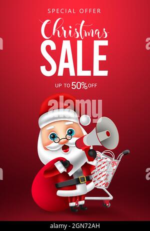 Weihnachten Verkauf Vektor Poster Design. Santa claus Charakter hält Megaphon und Einkaufstasche mit weihnachten Promotion Text für Weihnachten Urlaub werben. Stock Vektor