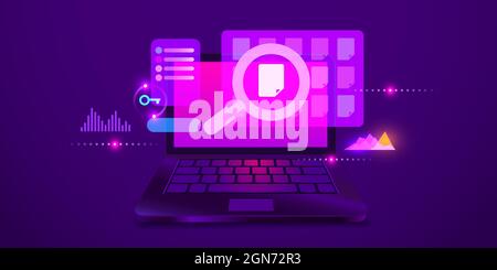Datei oder Daten werden auf dem Laptop gesucht. Moderner futuristischer Hintergrund. Vektorgrafik Stock Vektor