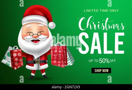 Weihnachten Verkauf Vektor Banner Design. Santa claus Charakter hält Einkaufstaschen mit weihnachts-Promotion-Text für Weihnachten Urlaub Werbung. Stock Vektor