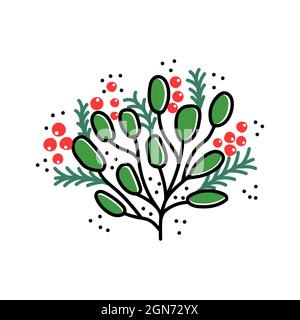 Weihnachtlicher Zweig isoliert auf weißer Vektorgrafik. Festliche Pflanzen für Grußmotive. Kartenelemente im Doodle-Stil Stock Vektor