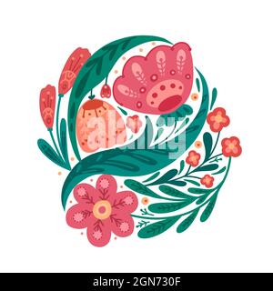 Florale flache Illustration mit volkstümlicher Dekoration auf weißem Hintergrund. Blumen und Laub mit naiven Ornamenten. Vektor natürliches Bild mit Pflanzen und tu Stock Vektor