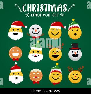 Weihnachten Emoticon Zeichen Vektor-Set. Fröhliche weihnachten Emoji-Charakterkollektion wie weihnachtsmann, Rentier, Schneemann, Elf und Ingwerbrot. Stock Vektor