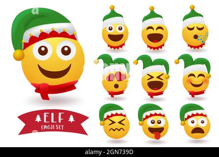 Elf emoji weihnachten Charakter Vektor-Set. ELFS Smiley-Charaktere in lustigen, fröhlichen und fröhlichen Mimik für Weihnachten süße Emojis-Kollektion. Stock Vektor