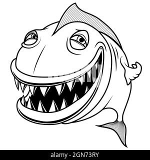 Lächelnd glücklich Cartoon Fisch. Lustige vektorielle Liniendarstellung. Isoliert auf weißem Hintergrund. Stock Vektor