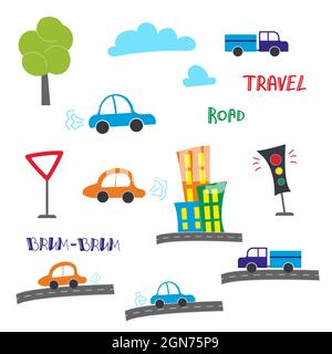 Thema Transport mit Auto. Set von niedlichen und bunten Symbol-Sammlung isoliert auf weißem Hintergrund Stock Vektor
