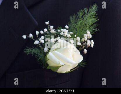 Bräutigam-Corsage - Blumenarrangement, weiße Rose Stockfoto