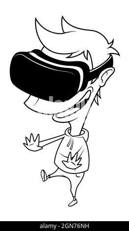 Junge trägt Virtual-Reality-Brille mit Spaß, spielen vr Spiel. Cartoon-Liniendarstellung auf weißem Hintergrund. Stock Vektor