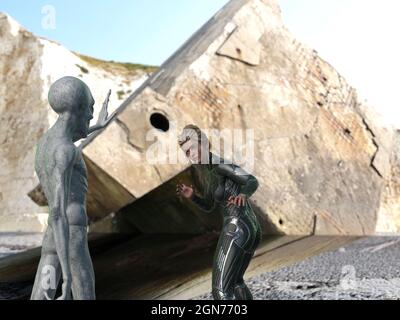 3d-Illustration einer Frau, die sich mit dem Arm nach oben vor einem grauen Alien verteidigt, um sie in einer fremden Welt zu stoppen. Stockfoto