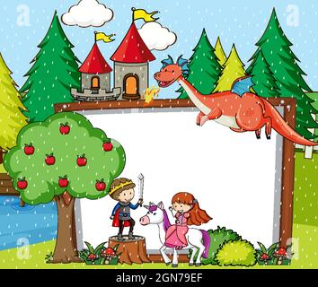 Leeres Banner in der Waldszene mit Märchen-Cartoon Darstellung von Zeichen und Elementen Stock Vektor