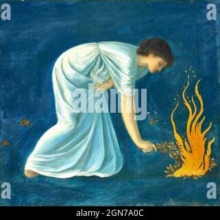 Edward Burne-Jones - ein Held, der das Leuchtfeuer zündet, um ihren Liebhaber Leander auf ihre Seite zu führen. Leider ertrank er und Hero stürzte sich verzweifelt ins Meer. Stockfoto