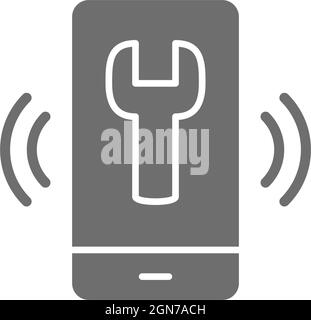 Telefon mit Schraubenschlüssel, graues Helpdesk-Symbol. Isoliert auf weißem Hintergrund Stock Vektor