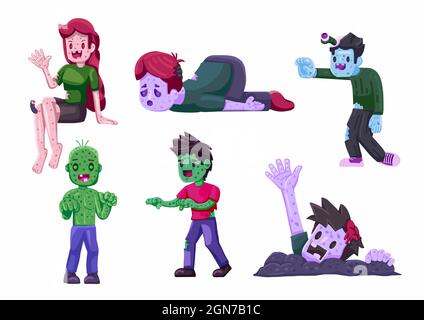 Cartoon Zombies Charakter Design Flat Style für Halloween. Stock Vektor