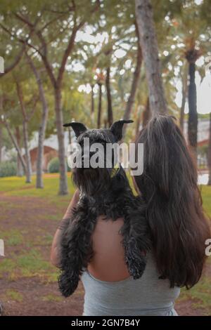 Frau, die ihren kleinen schwarzen Hund auf der Schulter hält, während sie im Park im Freien läuft. Animal Lover Konzept. Stockfoto