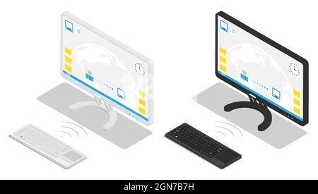 Die isometrische Wireless-Tastatur wird an den All-in-One-Computer angeschlossen. Drahtlose Peripheriegeräte für die Organisation am Arbeitsplatz. Realistische 3D-Vektorisolate Stock Vektor