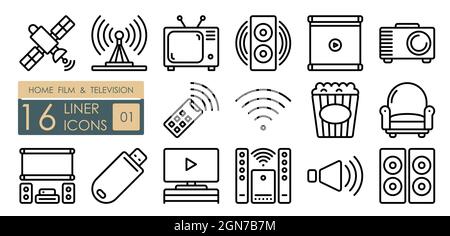 Technologie für Unterhaltung, Heimkino-Wiedergabe und Musikhören. TV, Lautsprecher, Projektor, Leinwand, Multimediasystem, Satellitenfernsehen. Satz von si Stock Vektor