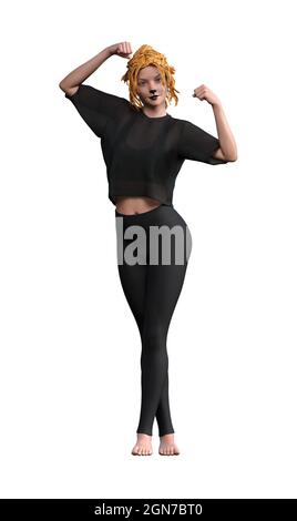 3d-Illustration einer jungen Frau mit gelben Haaren, die ein Make-up für Katzen trägt und isoliert auf weißem Hintergrund posiert. Stockfoto