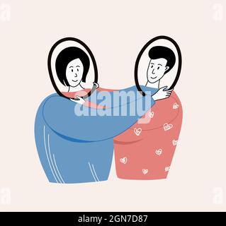 Mann und Frau schauen sich an und sehen ihre eigenen Spiegelungen. Beziehungs-Empathie, Kodependenz, sucht und Psychologiekonzept. Zeichentrickfilm Stock Vektor