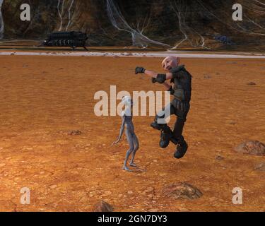 3d-Illustration eines Soldaten, der überrascht springt, während ein grauer Außerirdischer verwirrt auf einem desolaten Flugzeug aufschaut. Stockfoto